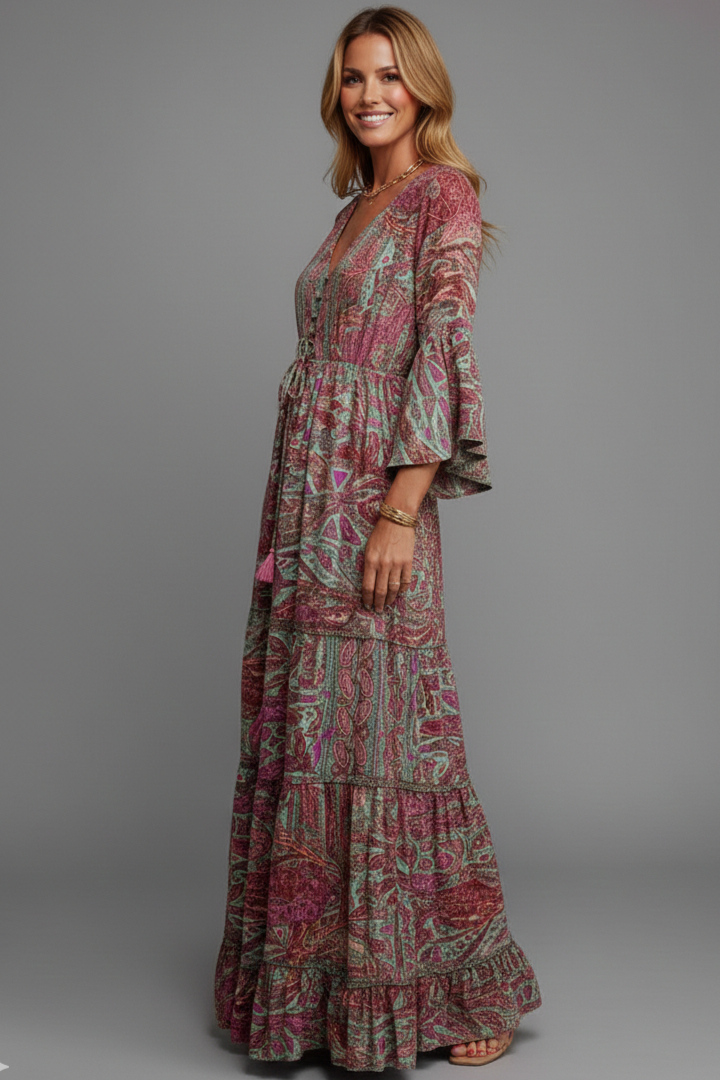 Women’s Maxi Dress with Paisley Print and Trumpet Sleeves