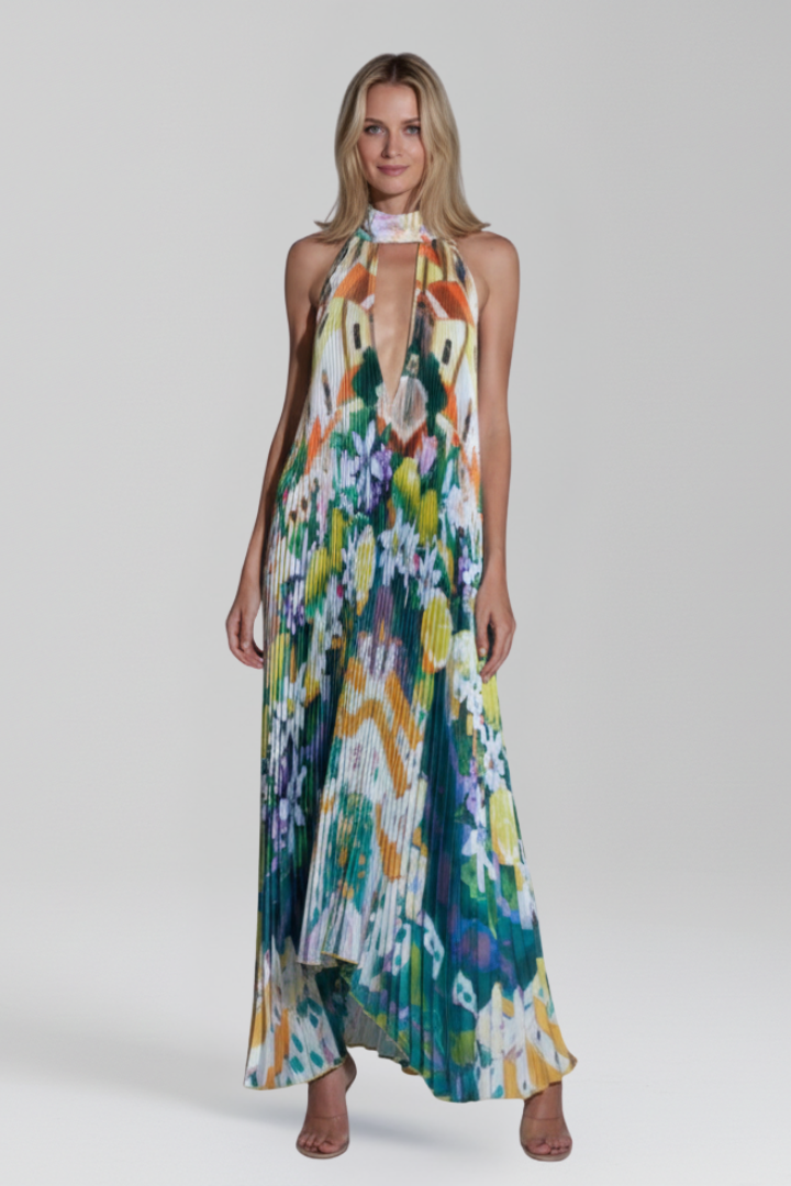 Women’s Maxi Dress with Pleated Skirt and Sleeveless Cut