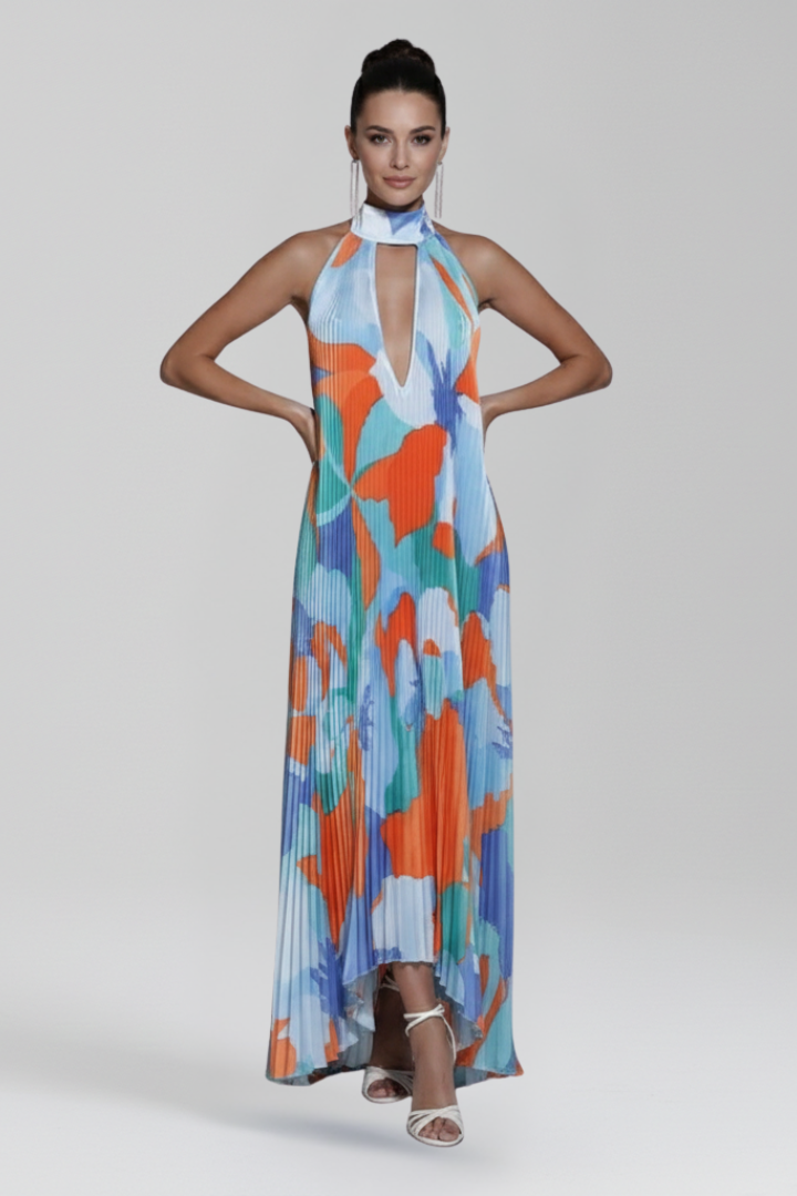 Women’s Maxi Dress with Pleated Skirt and Sleeveless Cut