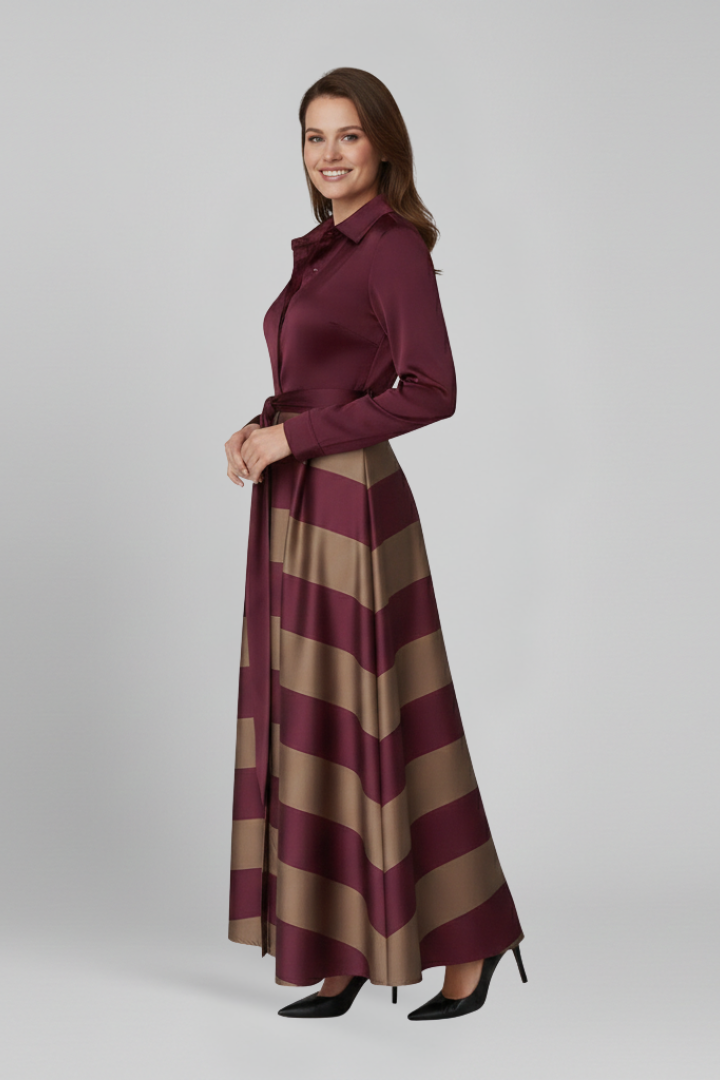 Women’s Maxi Dress with Shirt Collar and Waist Belt