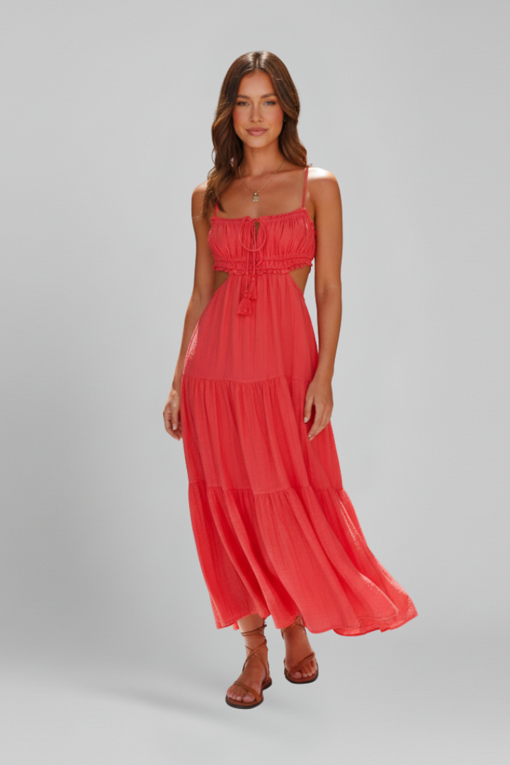 Women’s Maxi Dress with Straight Neckline and Tiered Skirt