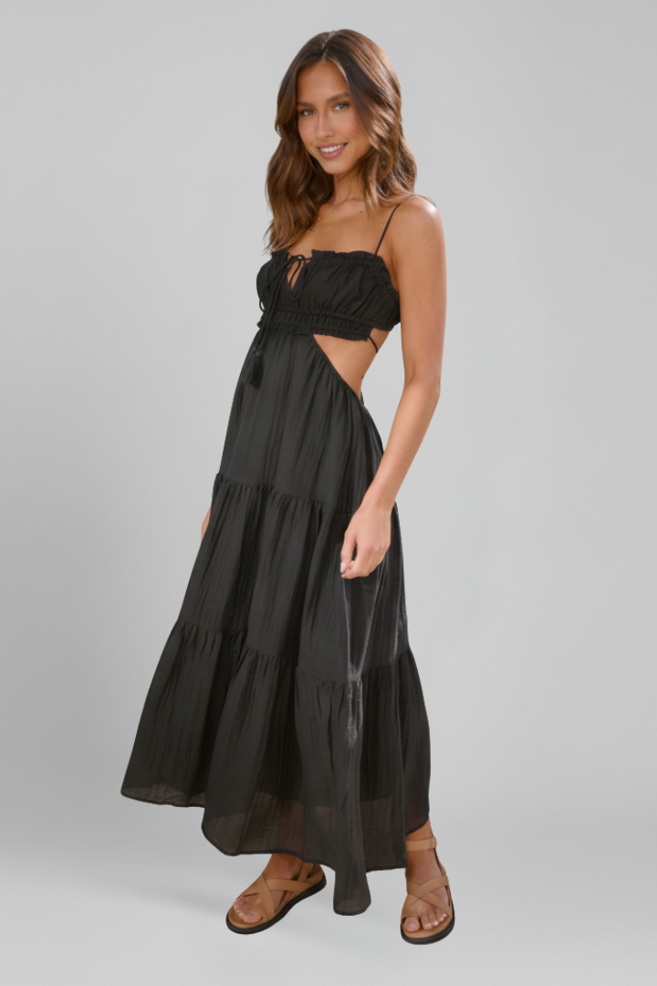 Women’s Maxi Dress with Straight Neckline and Tiered Skirt