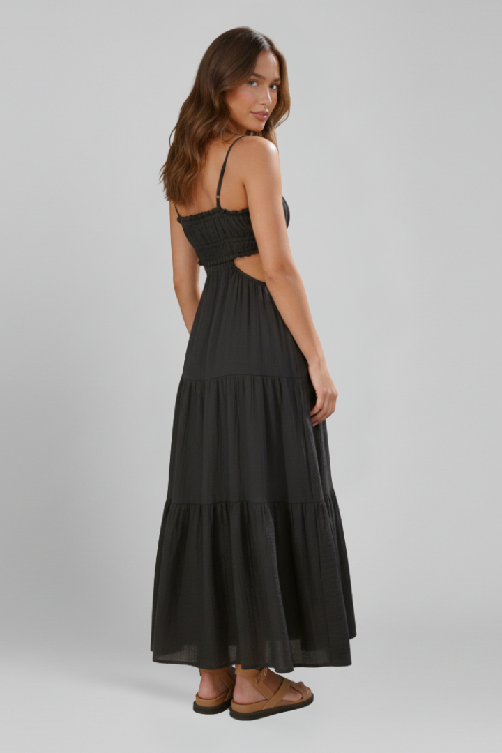 Women’s Maxi Dress with Straight Neckline and Tiered Skirt