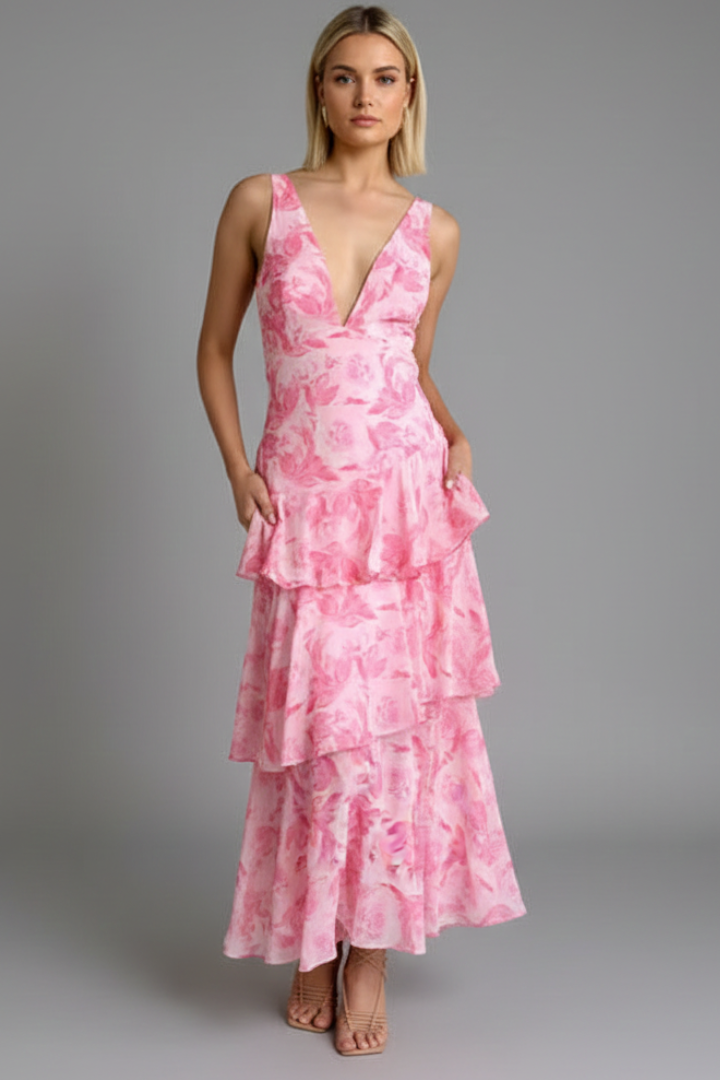 Women’s Maxi Dress with Tiered Skirt and V‑Neck