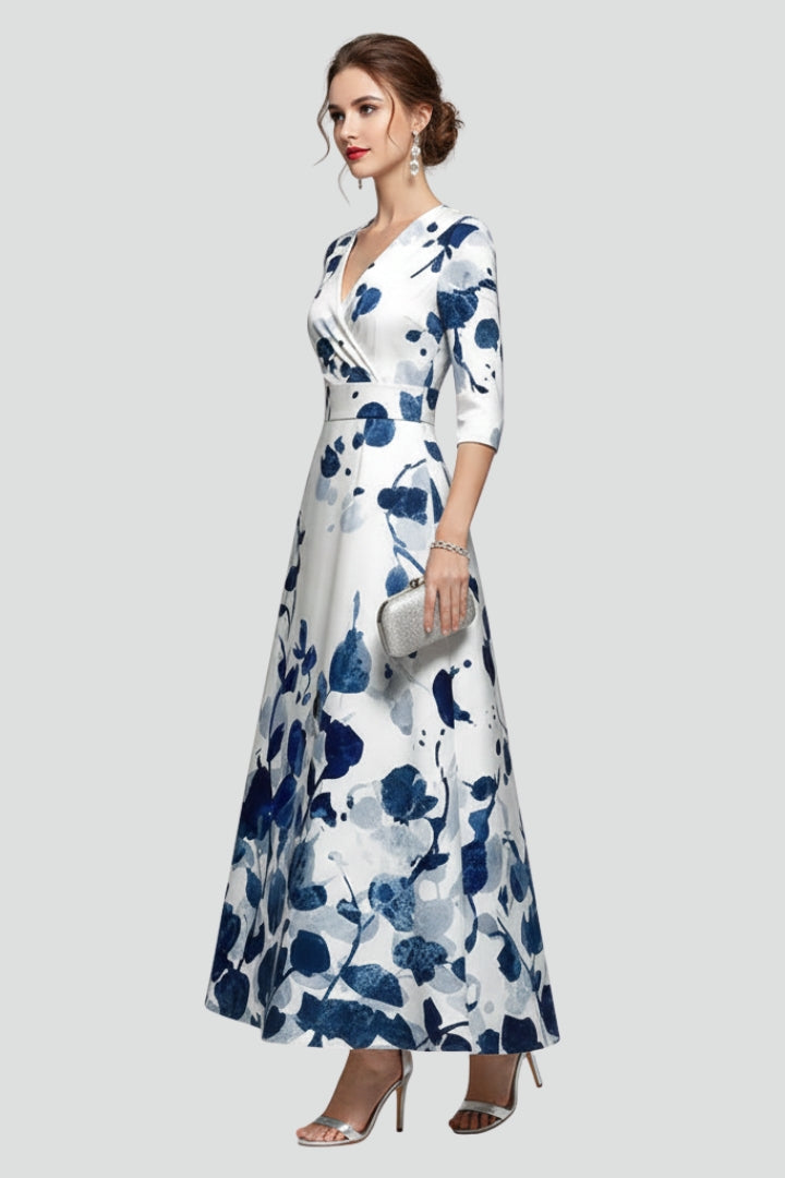 Women’s Maxi Dress with V-Neck and Printed Surface