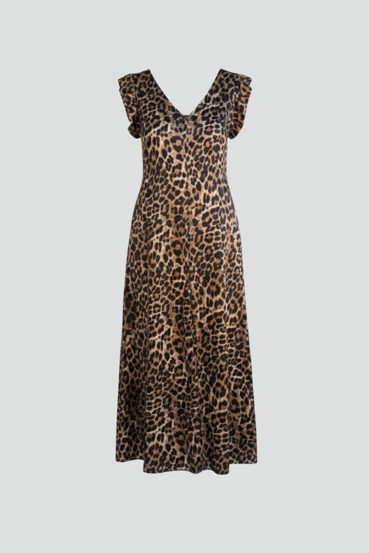 Women’s Maxi Dress with V Neckline and Patterned Surface