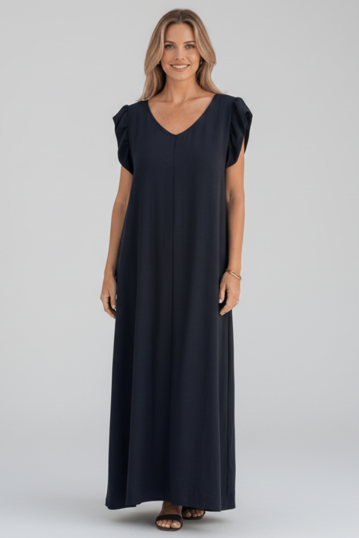 Women’s Maxi Dress with V Neckline and Patterned Surface