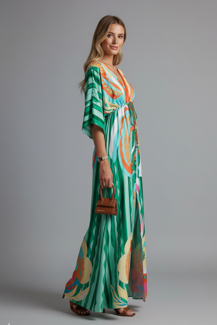 Women’s Maxi Dress with V Neckline and Tie Waist