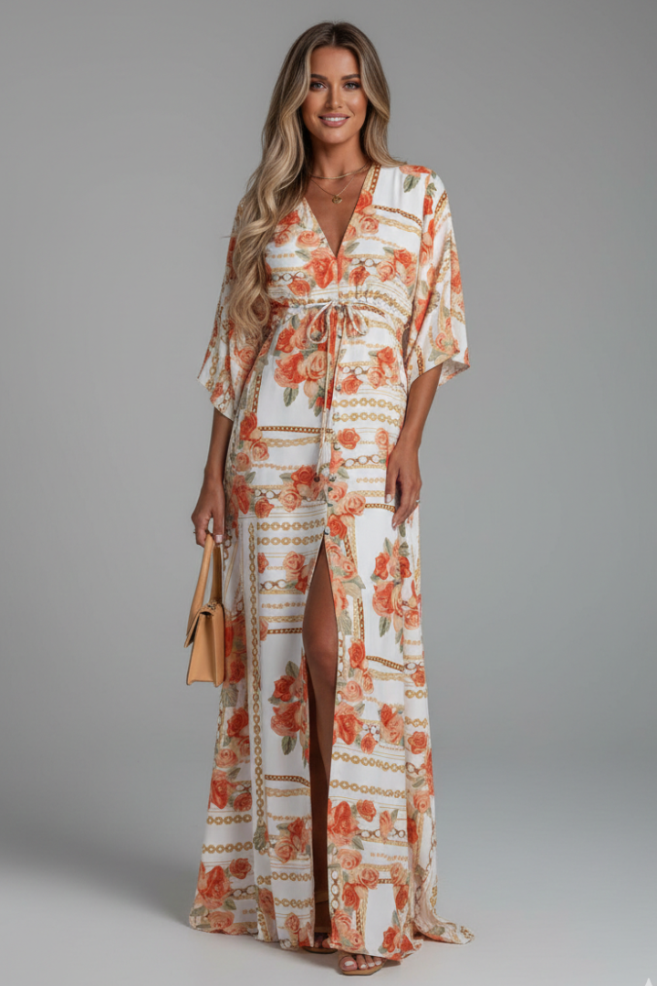 Women’s Maxi Dress with V Neckline and Tie Waist