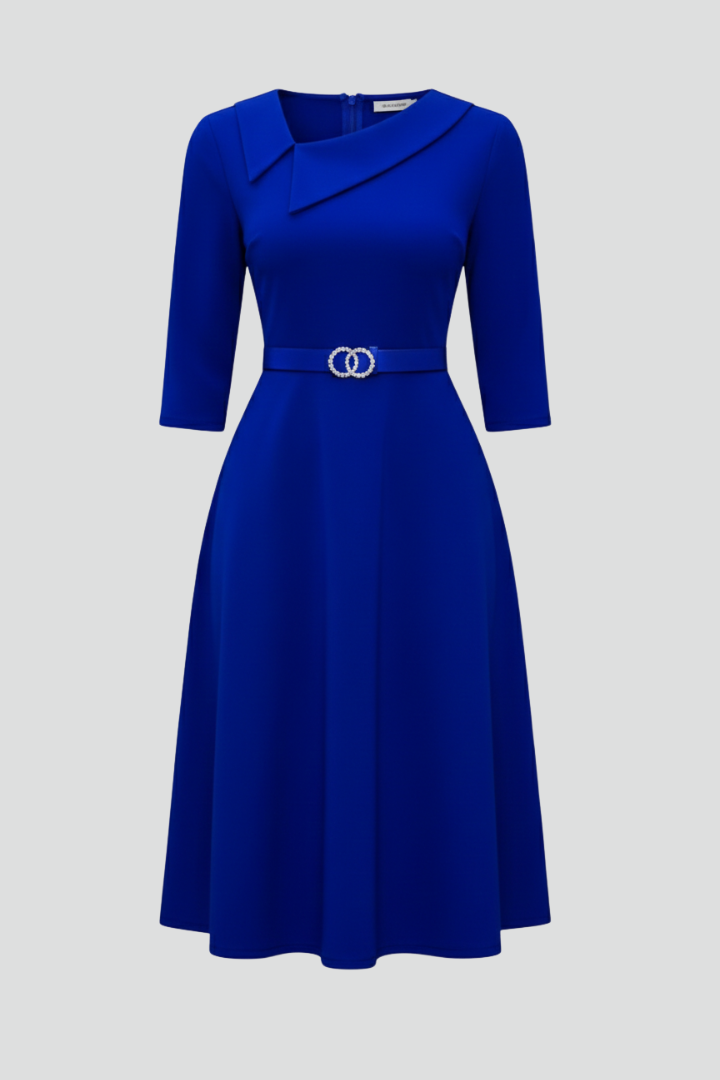 Women’s Midi Dress with Asymmetrical Neckline and Belt