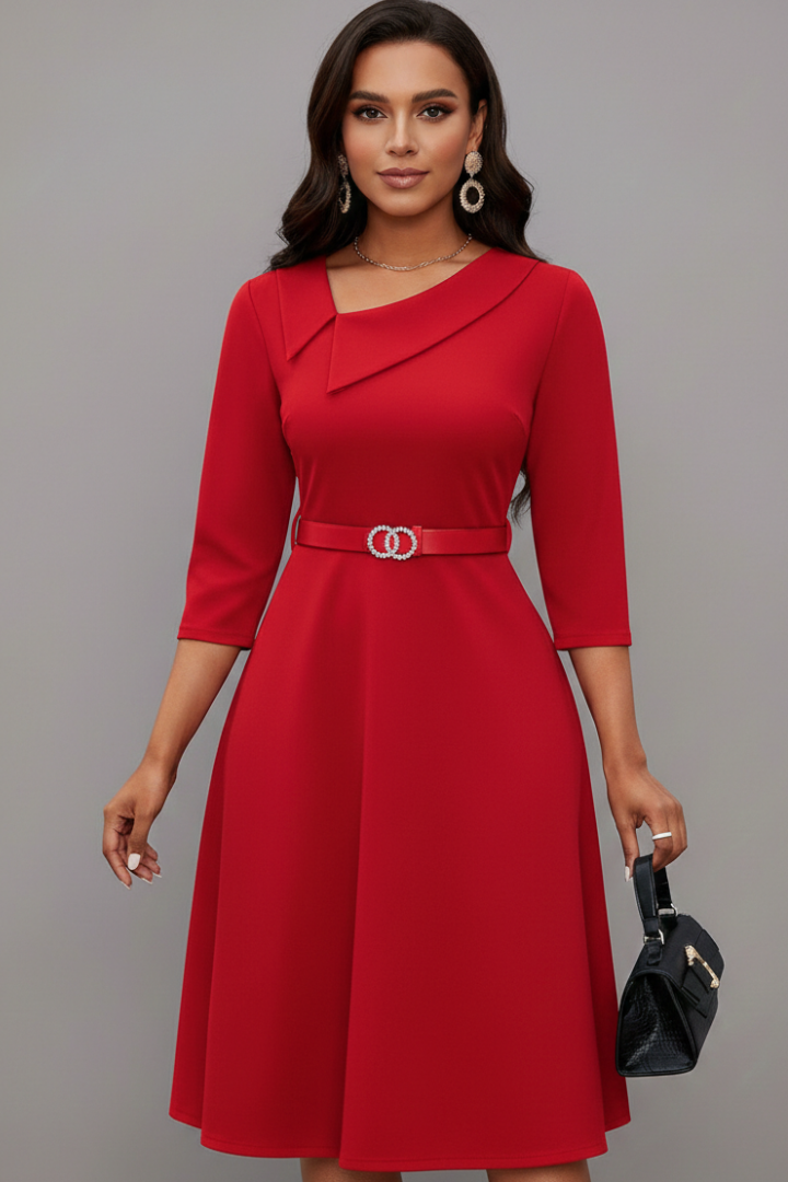 Women’s Midi Dress with Asymmetrical Neckline and Belt