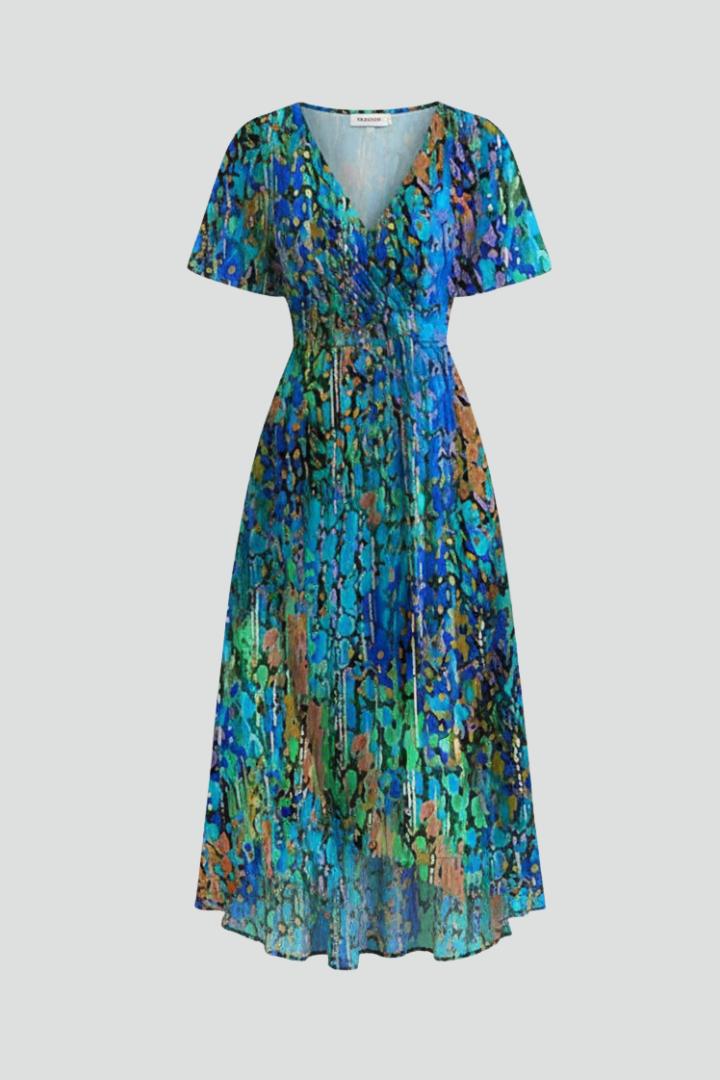 Women’s Midi Dress with Floral Pattern and V Neckline