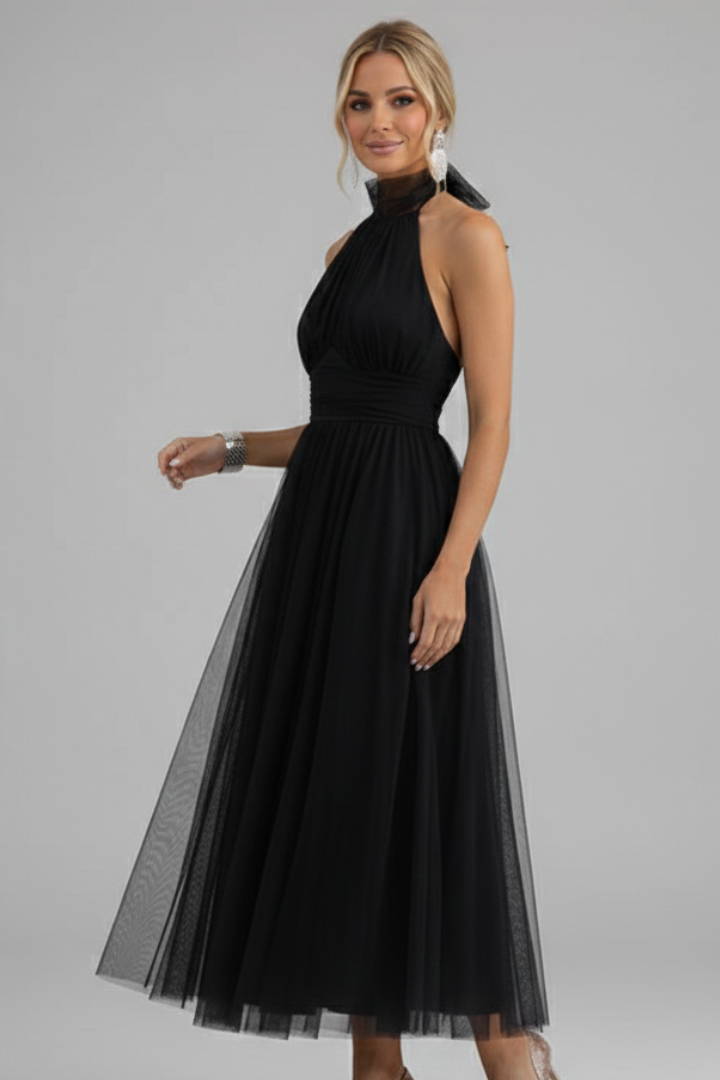 Women’s Midi Dress with Halter Neck and Layered Skirt