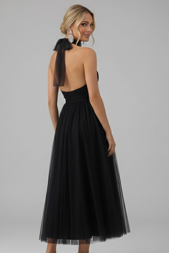 Women’s Midi Dress with Halter Neck and Layered Skirt