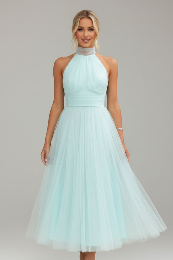 Women’s Midi Dress with Halter Neck and Layered Skirt