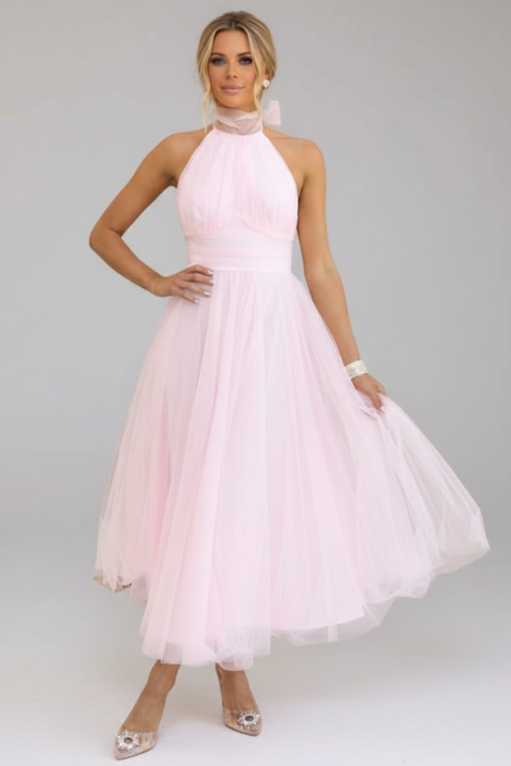 Women’s Midi Dress with Halter Neck and Layered Skirt