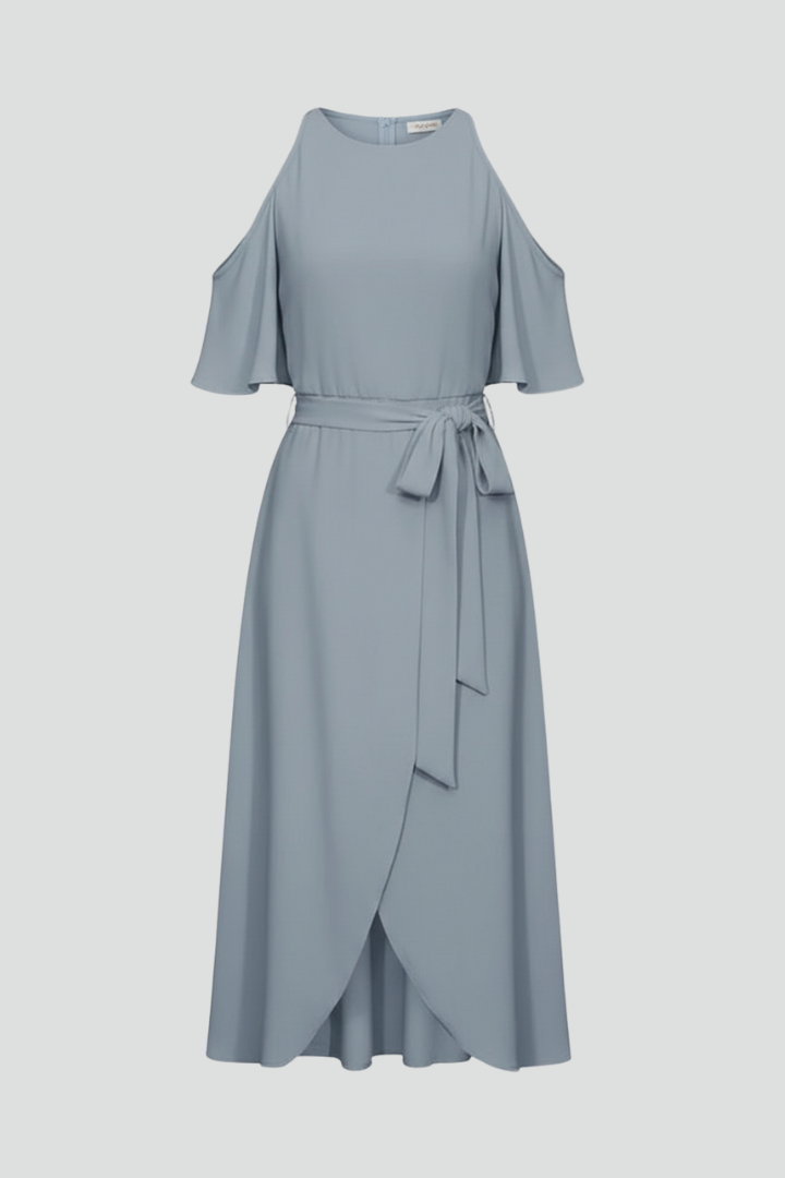 Women’s Midi Dress with Halter Neckline and Asymmetric Hem