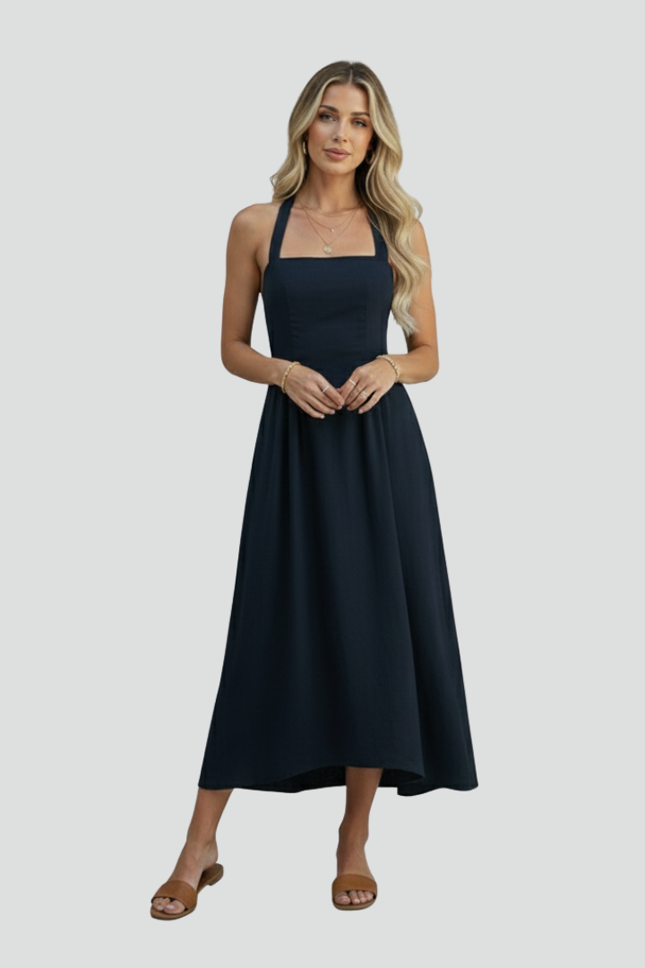 Women’s Midi Dress with Halter Straps and Square Neckline