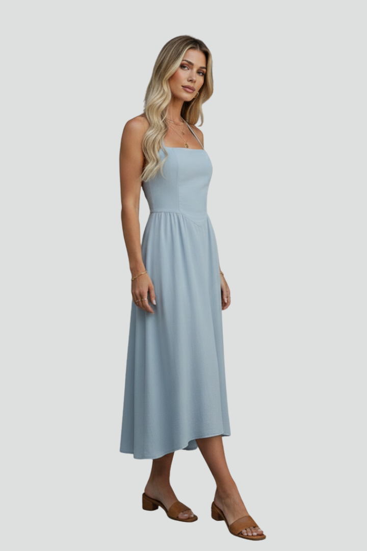Women’s Midi Dress with Halter Straps and Square Neckline
