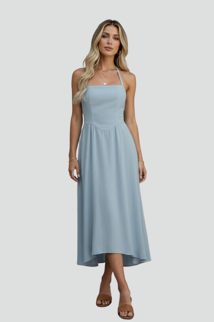 Women’s Midi Dress with Halter Straps and Square Neckline