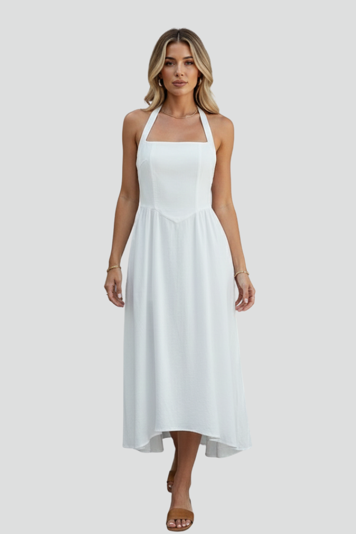 Women’s Midi Dress with Halter Straps and Square Neckline