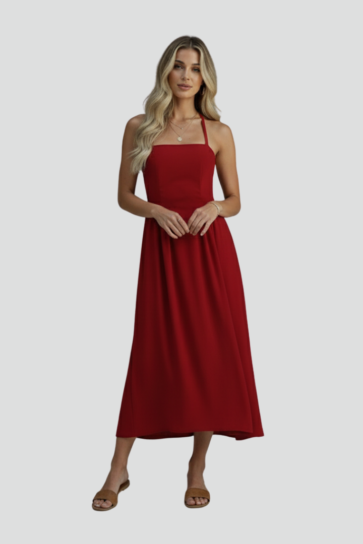 Women’s Midi Dress with Halter Straps and Square Neckline