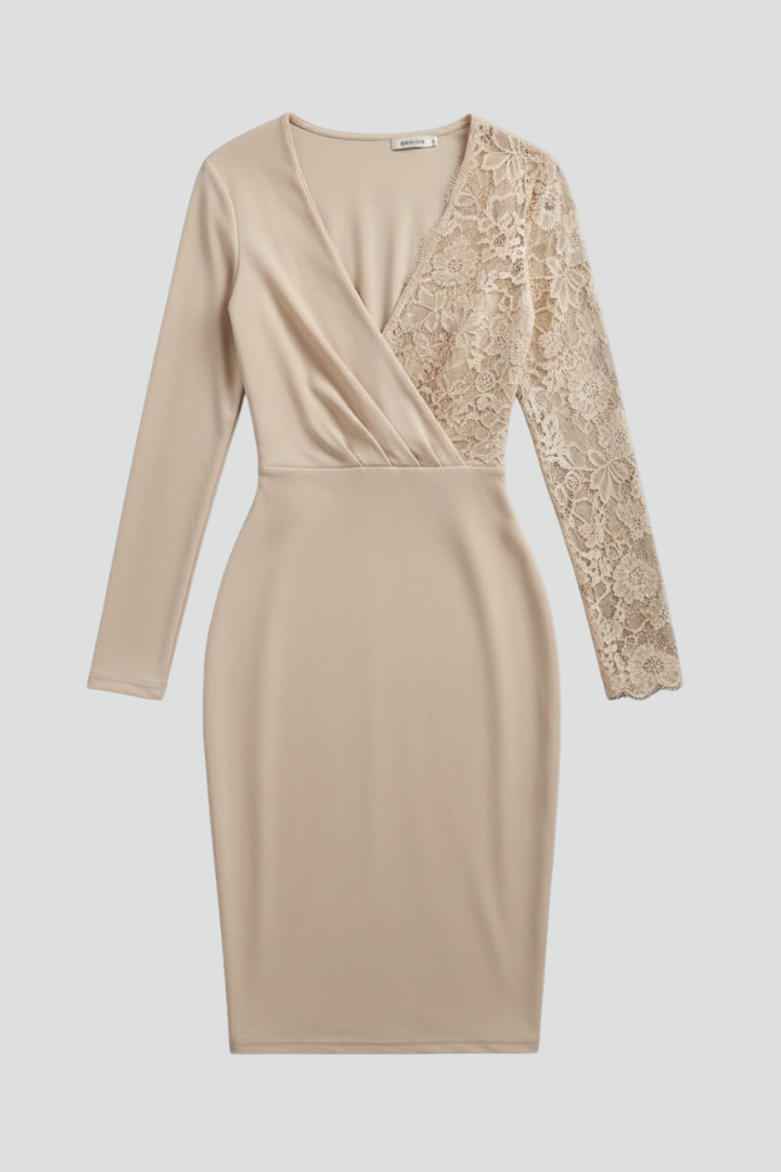 Women’s Midi Dress with Lace Sleeves and V Neckline