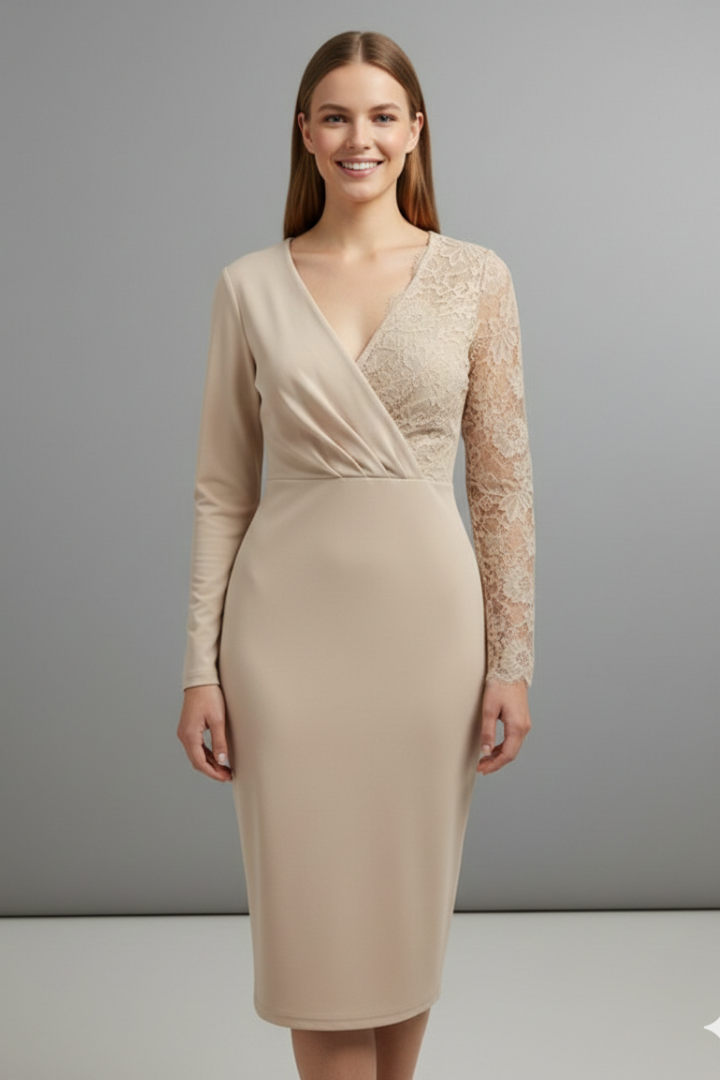 Women’s Midi Dress with Lace Sleeves and V Neckline