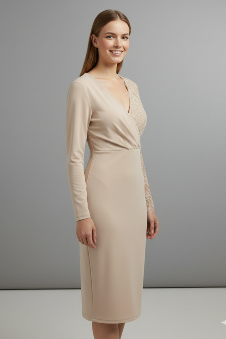 Women’s Midi Dress with Lace Sleeves and V Neckline