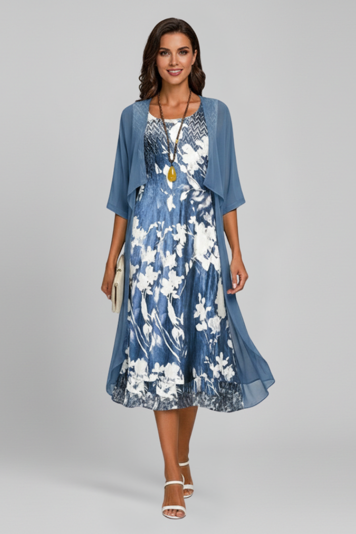 Women’s Midi Dress with Open Cardigan and Patterned Surface