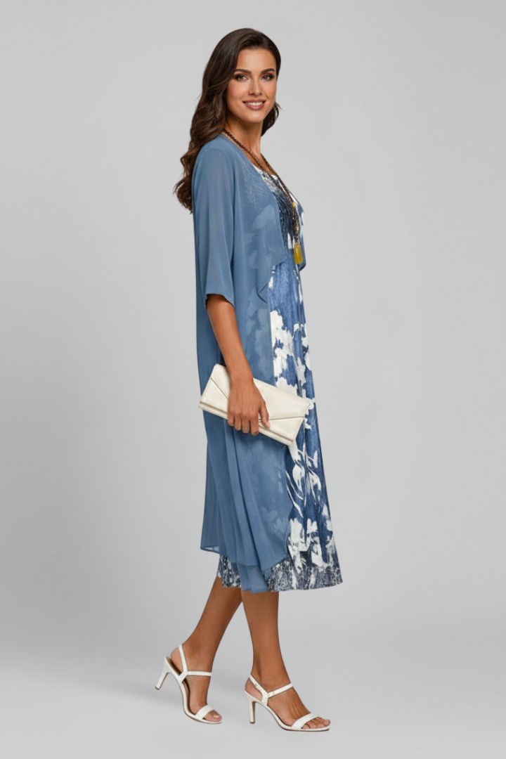 Women’s Midi Dress with Open Cardigan and Patterned Surface