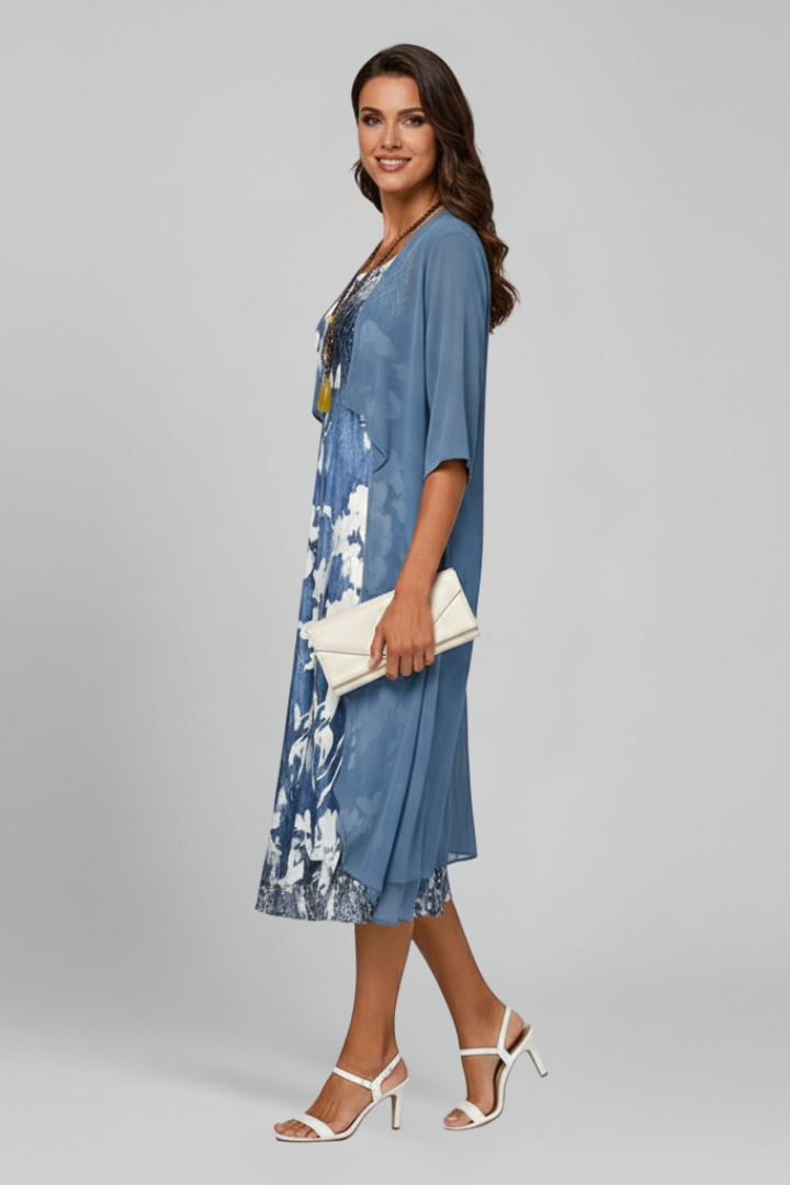 Women’s Midi Dress with Open Cardigan and Patterned Surface