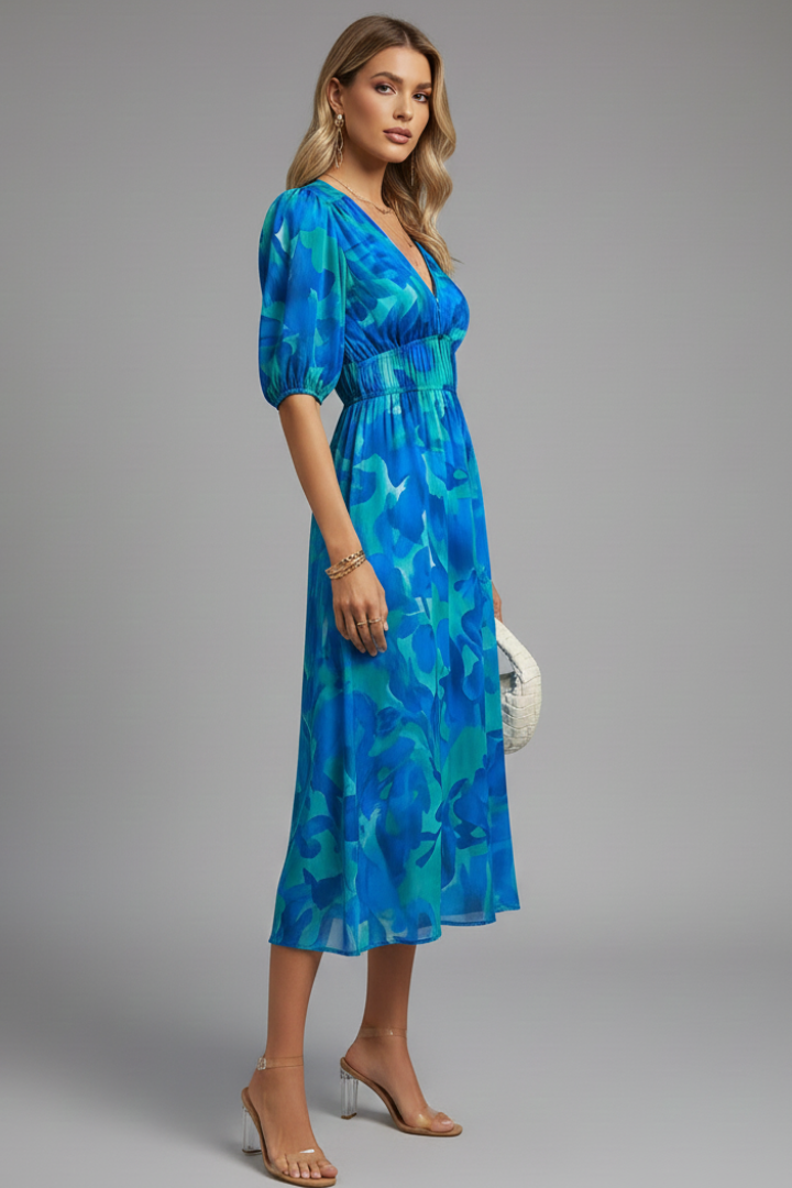 Women’s Midi Dress with Puff Sleeves and Floral Print