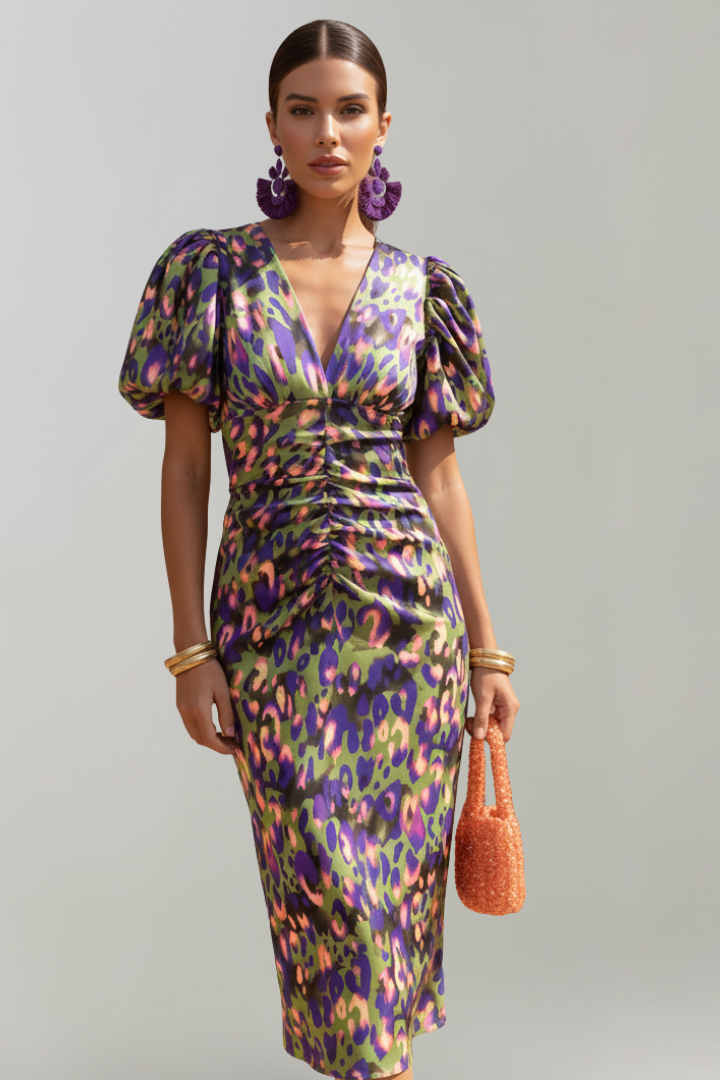 Women’s Midi Dress with Puff Sleeves and Ruched Waist
