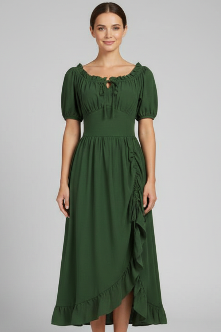 Women’s Midi Dress with Puff Sleeves and Ruffled Hem