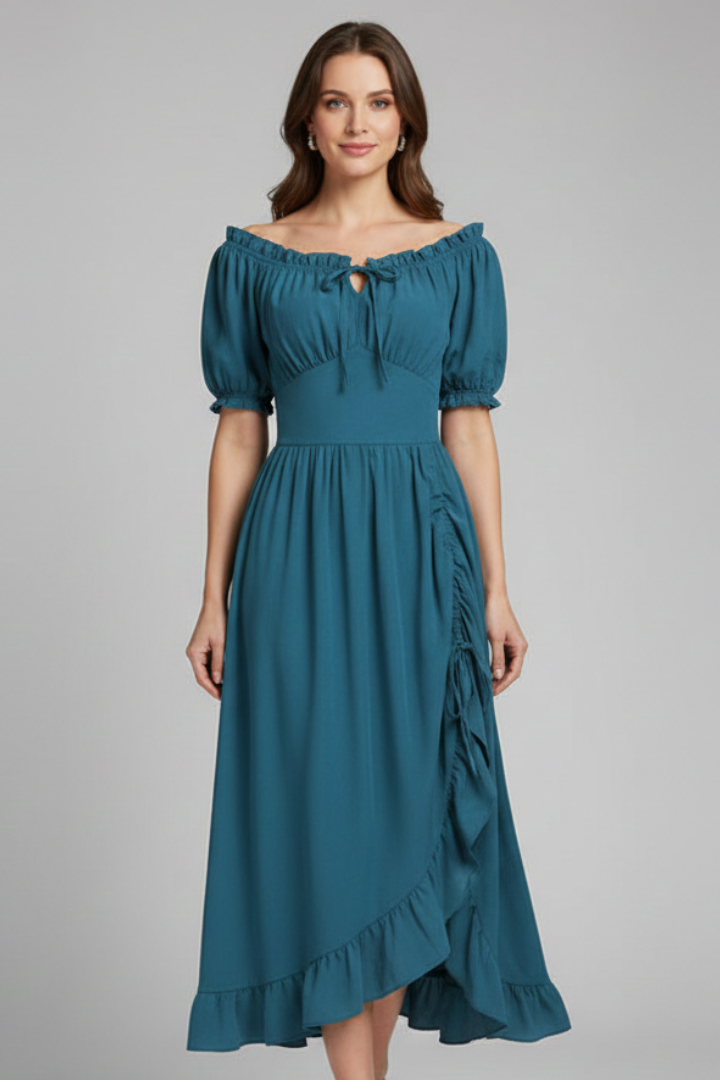 Women’s Midi Dress with Puff Sleeves and Ruffled Hem