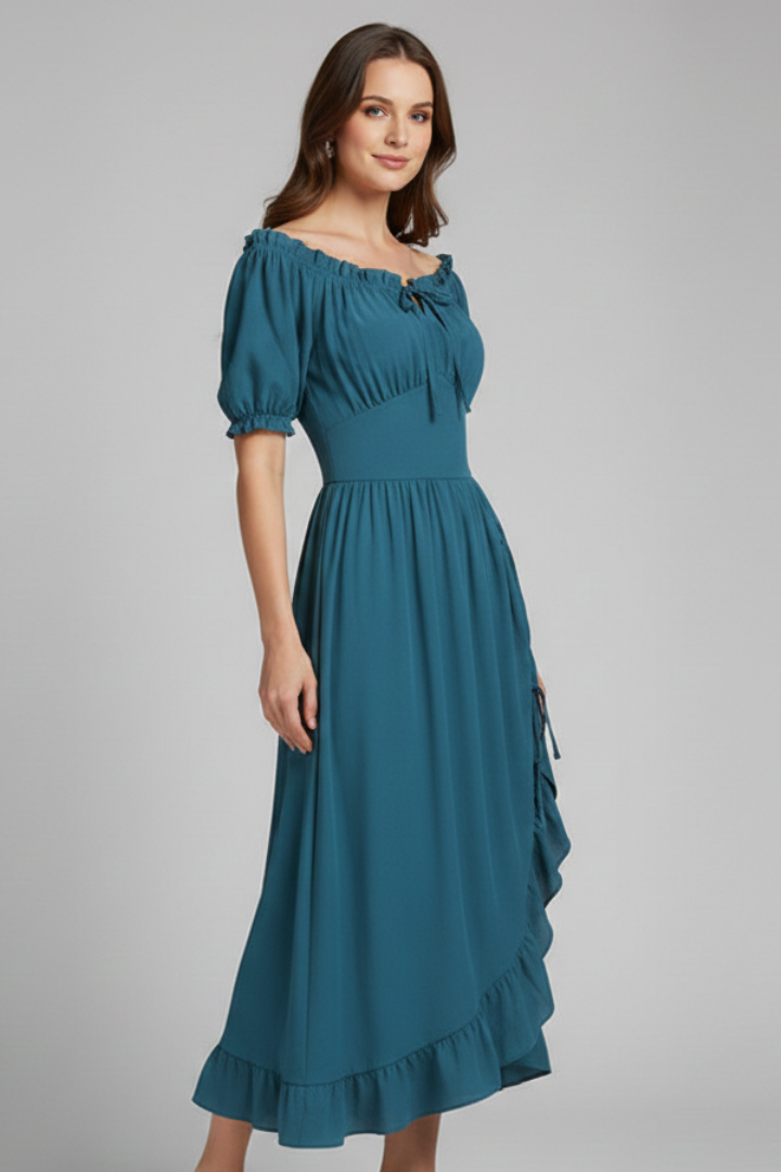 Women’s Midi Dress with Puff Sleeves and Ruffled Hem