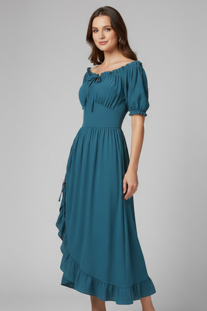 Women’s Midi Dress with Puff Sleeves and Ruffled Hem
