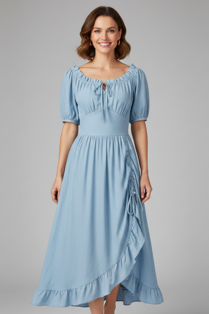 Women’s Midi Dress with Puff Sleeves and Ruffled Hem