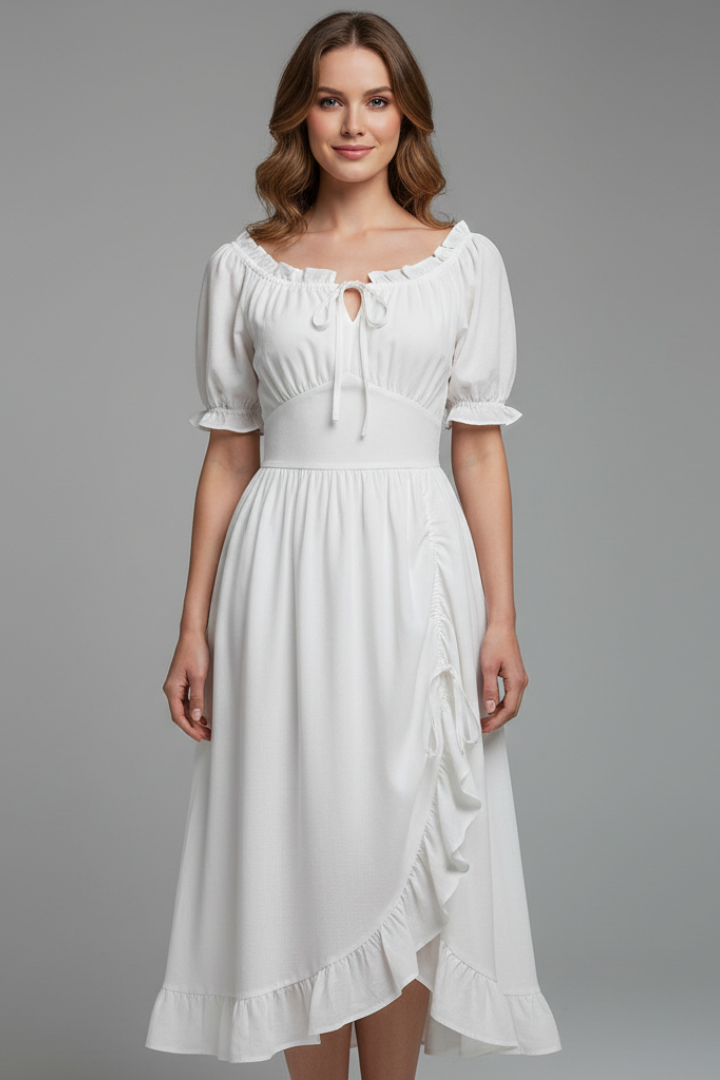 Women’s Midi Dress with Puff Sleeves and Ruffled Hem