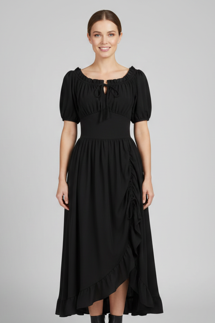 Women’s Midi Dress with Puff Sleeves and Ruffled Hem