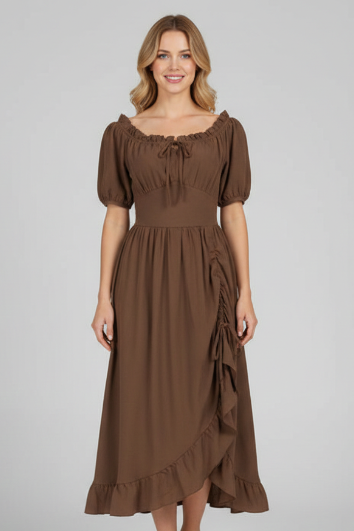 Women’s Midi Dress with Puff Sleeves and Ruffled Hem