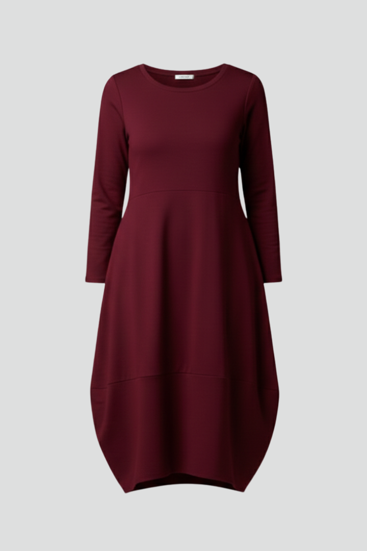 Women’s Midi Dress with Round Neck and Long Sleeves