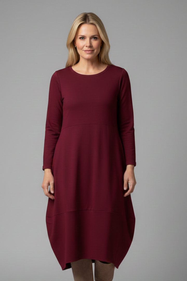 Women’s Midi Dress with Round Neck and Long Sleeves