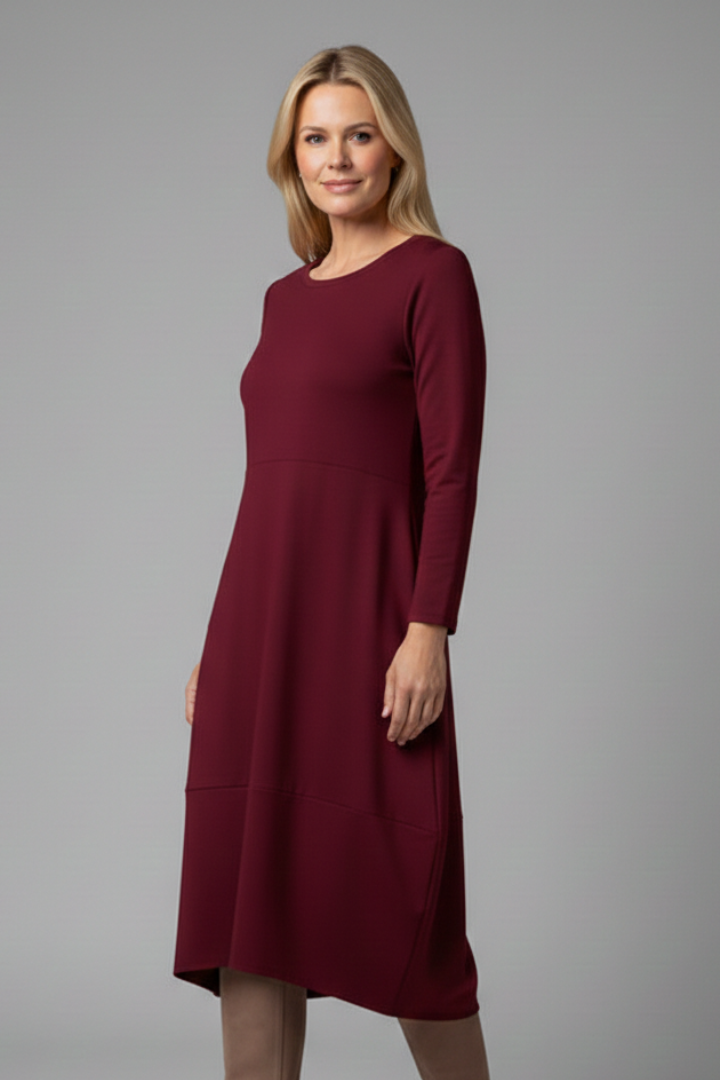 Women’s Midi Dress with Round Neck and Long Sleeves
