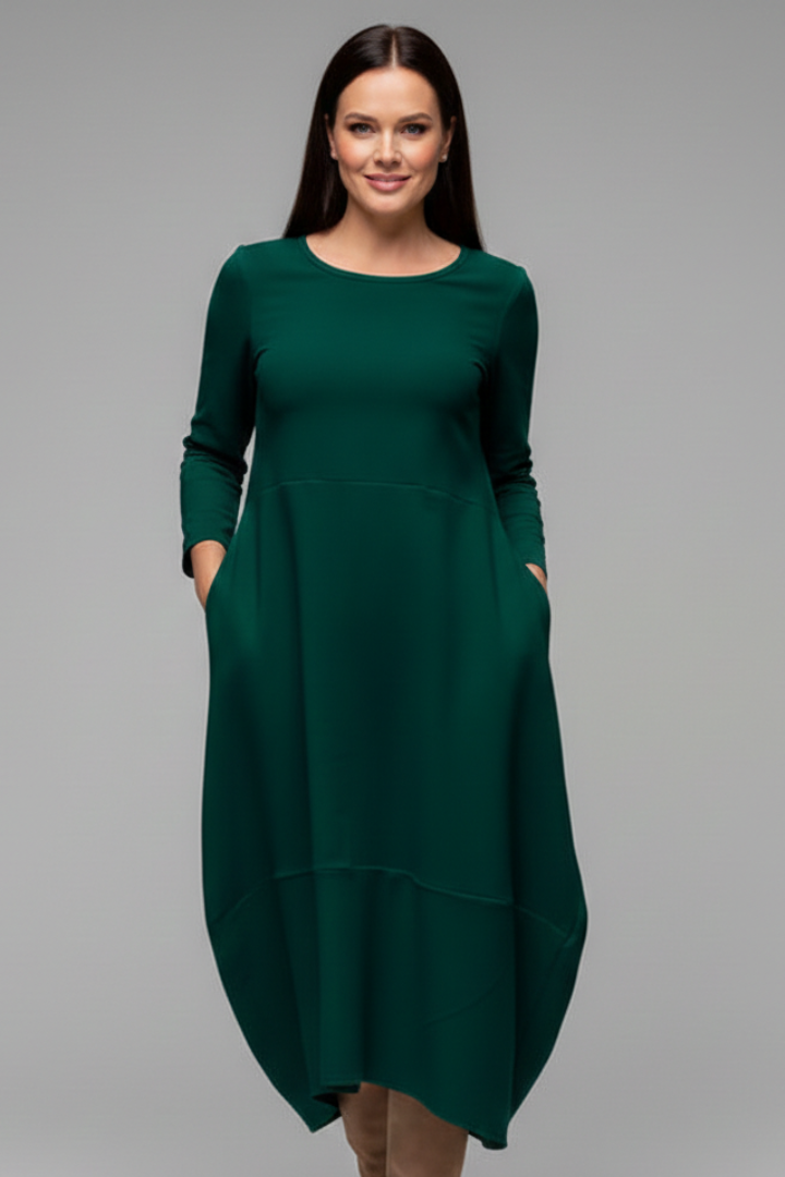 Women’s Midi Dress with Round Neck and Long Sleeves