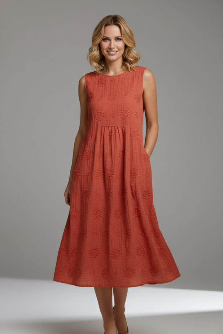 Women’s Midi Dress with Round Neck and Sleeveless Design