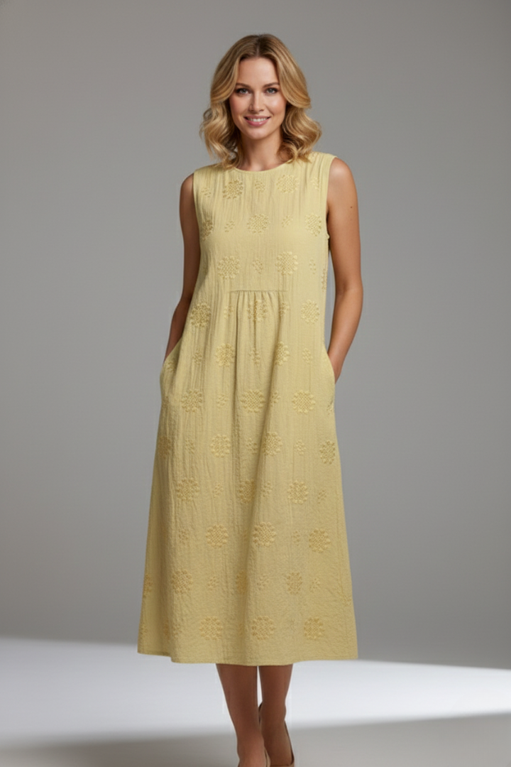 Women’s Midi Dress with Round Neck and Sleeveless Design