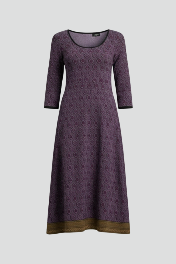 Women’s Midi Dress with Round Neck and Three-Quarter Sleeves
