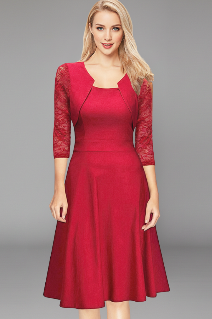 Women’s Midi Dress with Round Neckline and Lace Sleeves